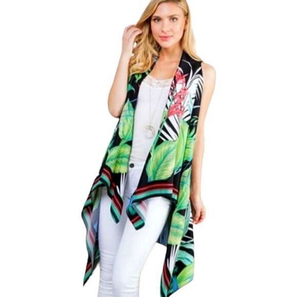 SALE Tropical Print Sleeveless Kimono Swimsuit Cover Up - Picture 3 of 9